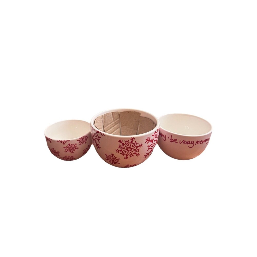 Crate & Barrel Set of 3 Nesting Bowls Be Very Merry Snowflake White Red Holiday